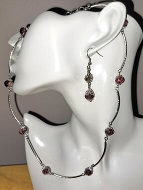 Earrings & Necklace with Violet/ Pinkish Crystal Beads & Curvy Silver Tube Beads